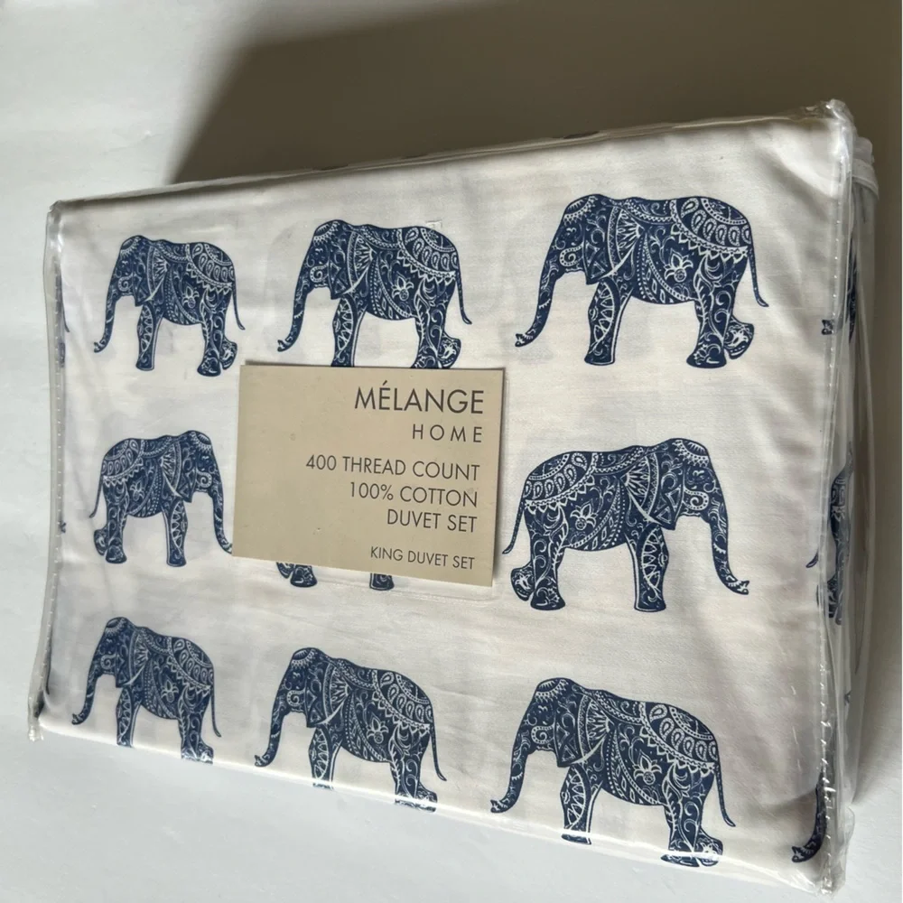 MELANGE HOME ELEPHANT PRINT 400 TC DUVET COVER AND 2 SHAMS NAVY/WHITE NWT